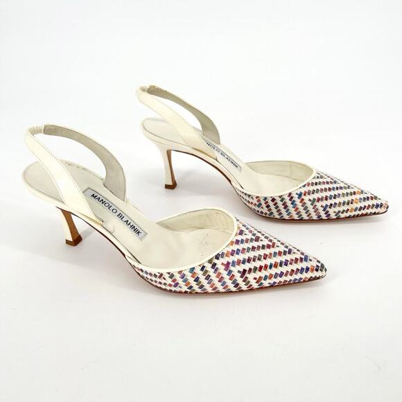 Manolo Blahnik Carolyne White Raffia Chevron Pointed Toe Slingback Heel IT 37 - Picture 1 of 11